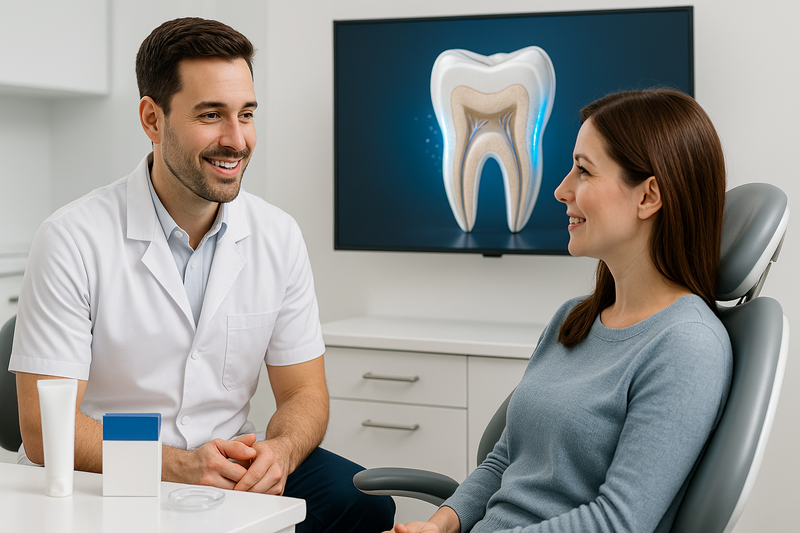 Dentist consulting patient about how to get white teeth safely, showing whitening products and gentle tooth stain removal onscreen