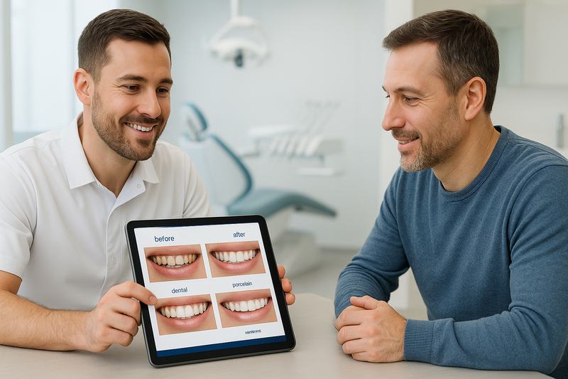 Dentist and patient reviewing comparison chart for how to get rid of white spots on teeth treatments in a modern clinic