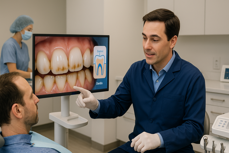Dentist explaining how to remove brown stains from teeth naturally using chairside monitor with intraoral camera image