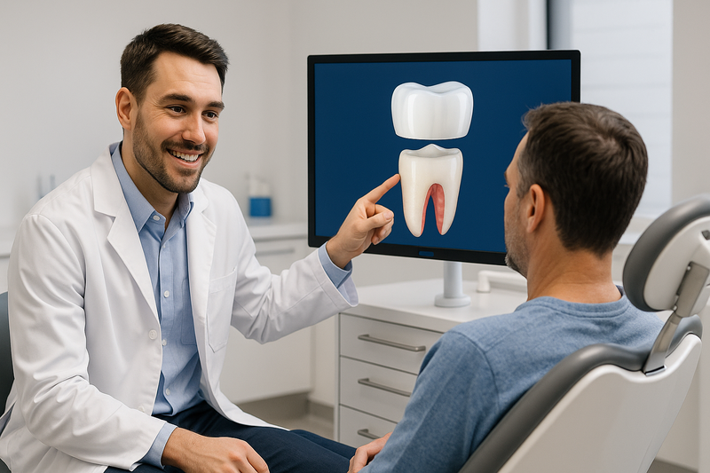 Dentist explaining porcelain dental crowns using a digital monitor showing a natural tooth with a crown in a modern clinic