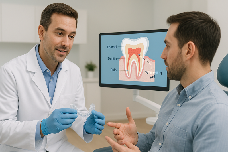 Dentist explains teeth whitening trays to a patient beside a digital screen showing how whitening gel affects tooth enamel.
