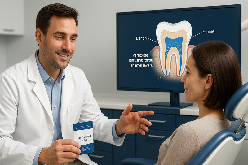 Dentist explaining best whitening strips and tooth whitening with peroxide action in a modern clinic setting