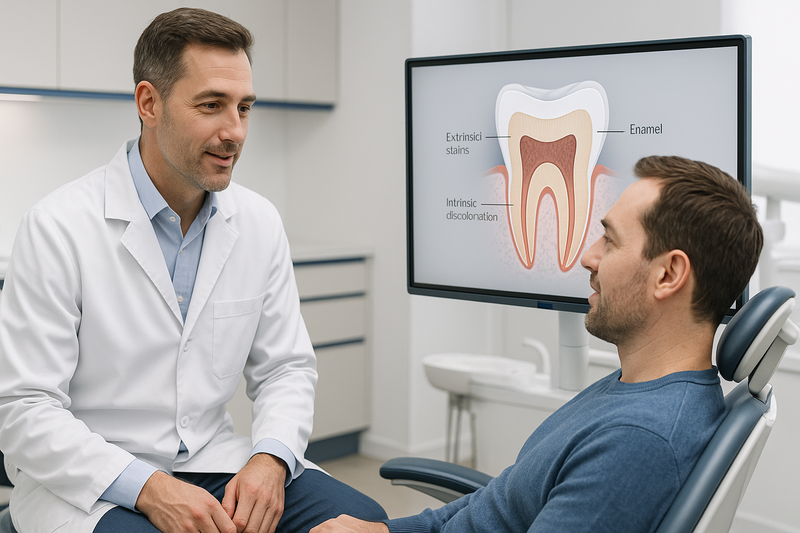 Dentist explaining tooth anatomy and causes of yellow teeth to a patient using cross-sectional enamel and dentin visuals, supporting how to get white teeth advice