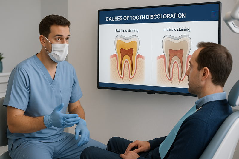 Dentist explains causes of tooth discoloration showing extrinsic and intrinsic stains, supporting how to whiten teeth at home decisions