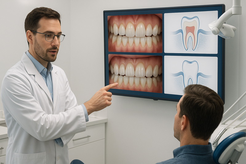 Dentist in a modern clinic pointing to a digital screen showing teeth with white spot lesions, fluorosis, and early demineralization to explain how to get rid of white spots on teeth