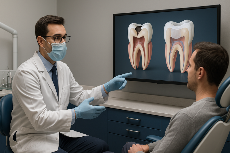 Dentist in Marina del Rey explains conservative preventive restoration with resin to adult patient using tooth diagram showing early decay