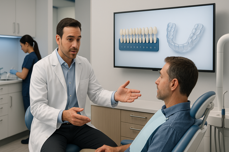 Dentist in a modern operatory explaining how much does it cost to professionally whiten teeth to a patient using a digital tooth shade chart and whitening trays