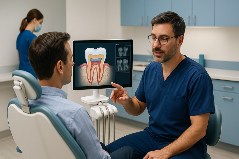 Dentist explaining resin composite using a clinical monitor showing detailed tooth with composite filling in a calm, modern operatory