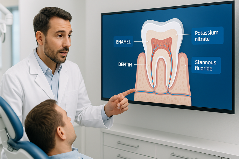 Dentist explaining best whitening toothpaste for sensitive teeth using a labeled digital tooth diagram highlighting enamel, dentin, nerves, potassium nitrate, and fluoride in a modern clinic