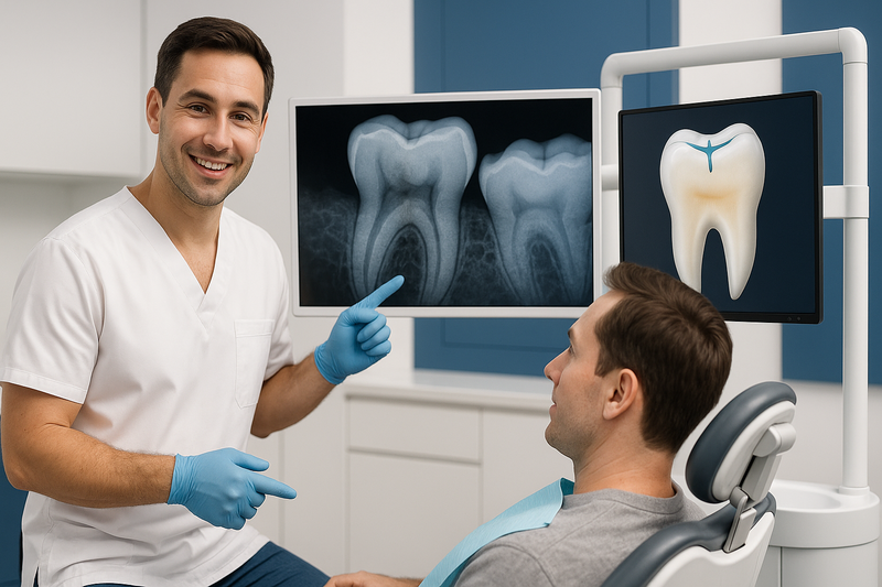 Dentist explains digital X-ray of early tooth decay and use of preventive restoration permanent teeth to an adult patient in a modern clinic.