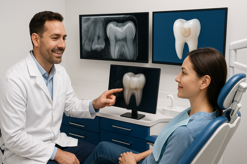 Dentist explaining digital X-ray of a damaged molar and preventive restoration permanent teeth to an adult patient in a modern Marina del Rey clinic
