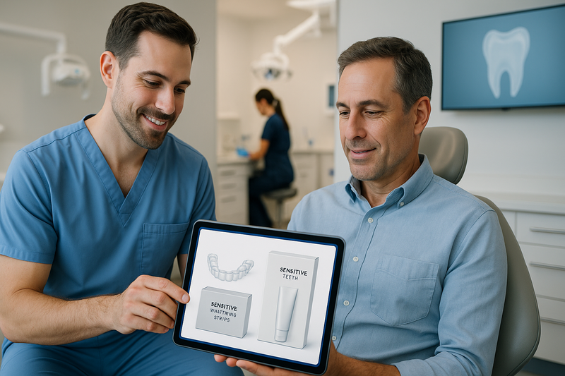 Dentist and patient review best teeth whitening for sensitive teeth using a tablet displaying whitening strips, toothpaste, and custom trays in a modern dental office