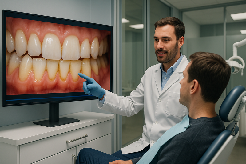 Dentist showing a patient realistic teeth images with stains and yellow between teeth, explaining how to get rid of yellow teeth