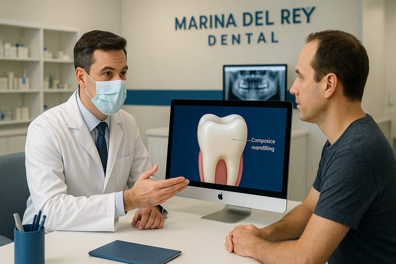 Dentist consults an adult patient using digital X-rays and a display showing composite resin material restoration, highlighting cost and care factors.