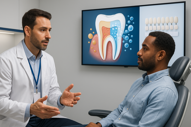 A dentist explains teeth whitening before after process to an adult patient, with a screen showing how stains are broken down during treatment.