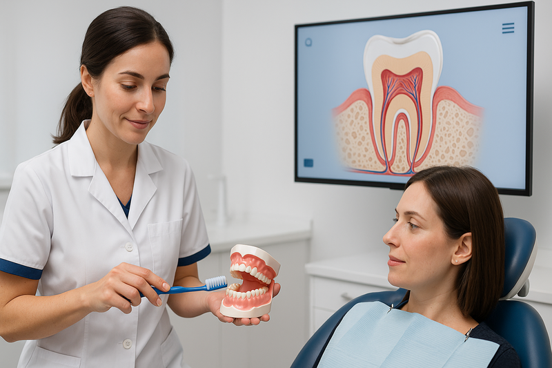 Dental hygienist demonstrates preventive restoration permanent teeth care using a toothbrush and model in a modern, professional operatory.