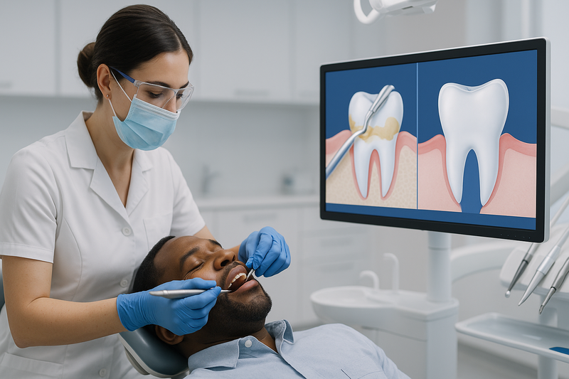 Professional dental hygienist performs gentle cleaning on a patient while a digital monitor displays plaque removal and healthy enamel, illustrating how to remove white spots on teeth.