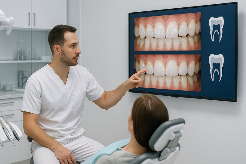Dentist explaining how to remove white spots on teeth to a patient using before-and-after images in a modern dental office