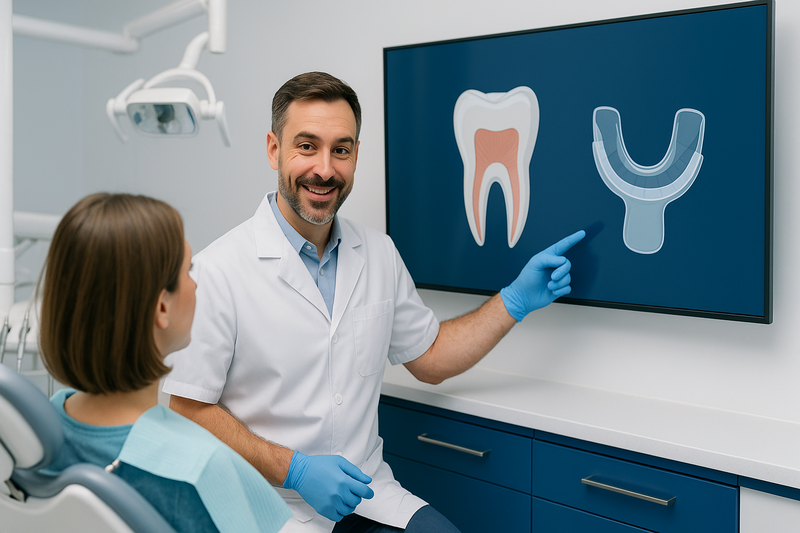 Dentist explaining how to whiten teeth at home in one day using a whitening tray and tooth diagram in a modern, calming clinic.