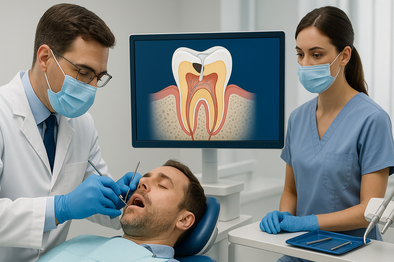 Dentist performing preventive restoration dental treatment on a patient, with digital display showing early decay and resin placement