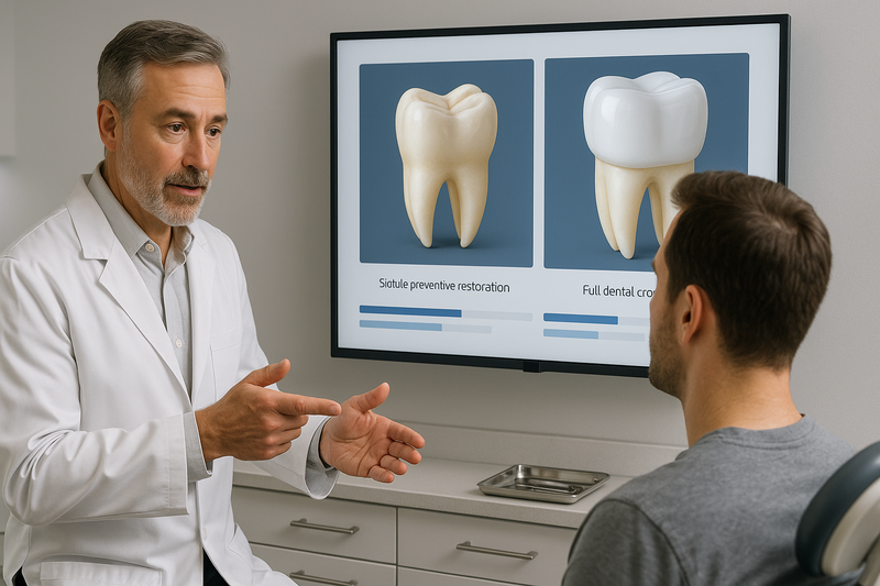 Dentist discussing preventive restoration permanent teeth using a digital chart comparing resin treatment and a dental crown in a bright clinic