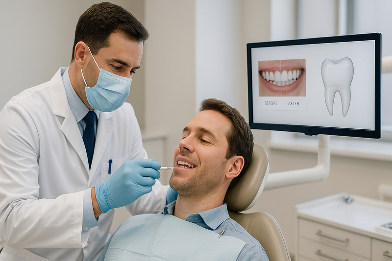 Dentist performing in-office whitening on adult patient with educational screen, showing how to get rid of yellow teeth in a modern dental clinic