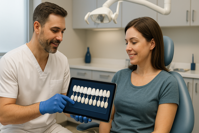 Dentist and patient reviewing teeth whitening before after shade improvements on tablet in modern dental office