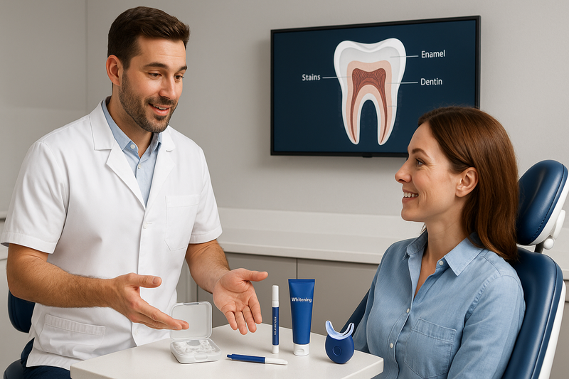 Dentist discussing best teeth whitening kit options with a patient, showing tray kit, pen, toothpaste, and LED device in a modern clinical setting.
