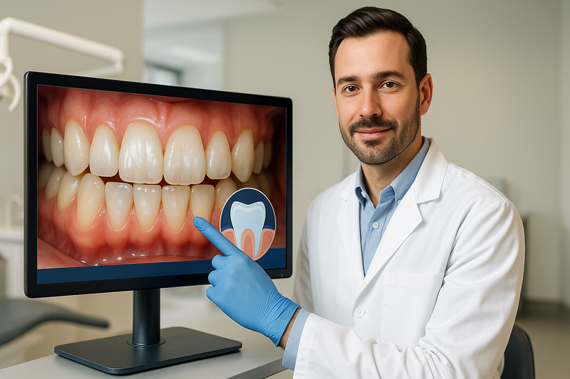 Dentist in modern clinic pointing to digital monitor showing high-resolution white spots on teeth with enamel cross-section illustration, highlighting white spots on teeth for patients