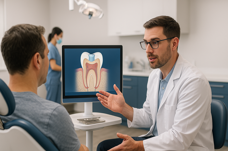 Dentist explaining a digital tooth diagram showing composite resin material during a modern dental exam