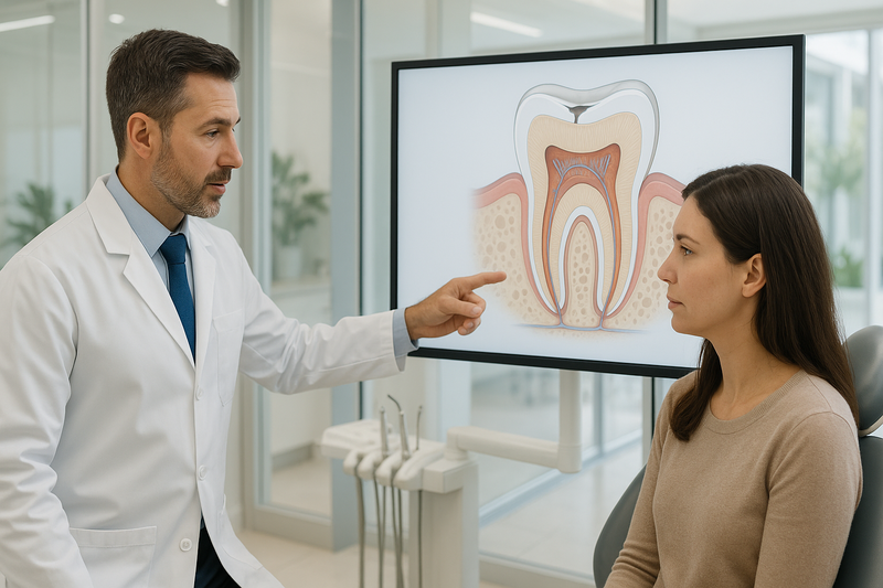 Preventive restoration dentist in Marina del Rey consulting patient about early tooth decay with a digital screen showing minor inlay treatment.