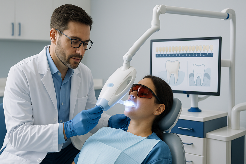 Dentist performing professional teeth whitening in a Marina del Rey clinic, demonstrating how to whiten teeth at home in one day alternatives