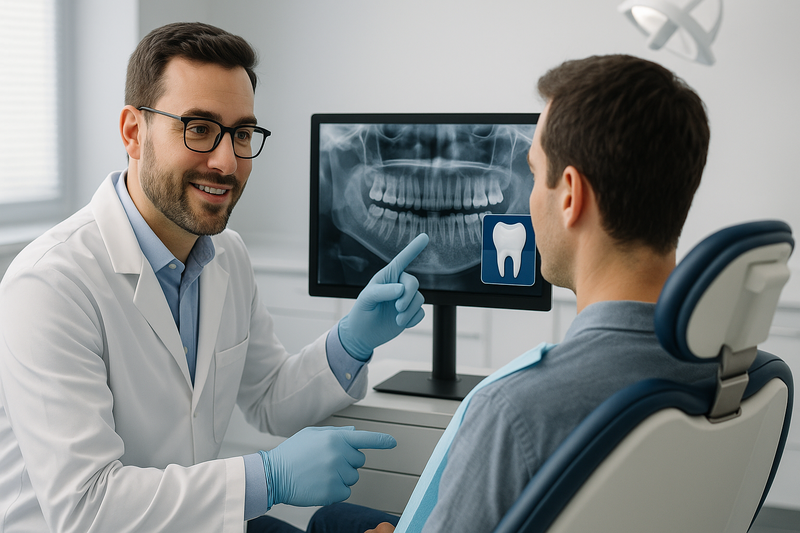 Dentist discussing preventive restoration dental options with an adult patient while highlighting an early tooth lesion on a digital X-ray screen.
