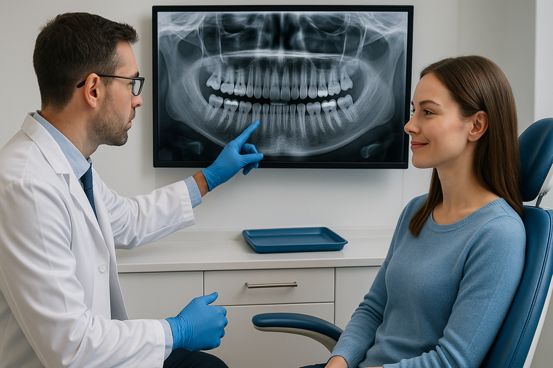 Dentist reviewing patient’s digital dental X-rays showing restorations, discussing best teeth whitening kit suitability