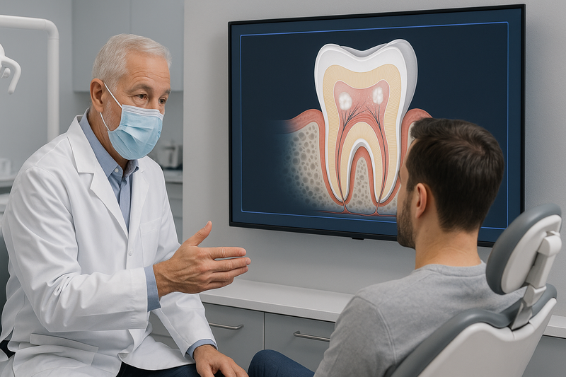 Dentist explaining how to remove white spots on teeth to an adult patient using a tooth diagram highlighting enamel demineralization