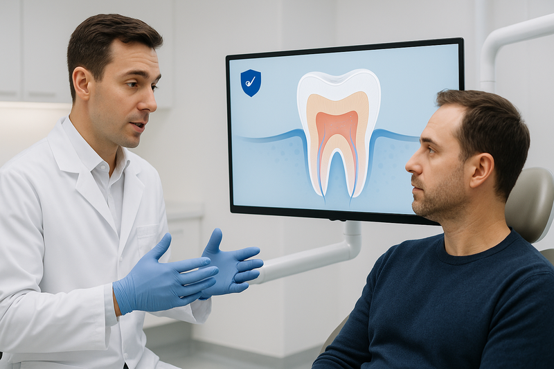 Dentist in a modern clinic explains best teeth whitening for sensitive teeth using a digital cross-section of enamel, dentin, and pulp