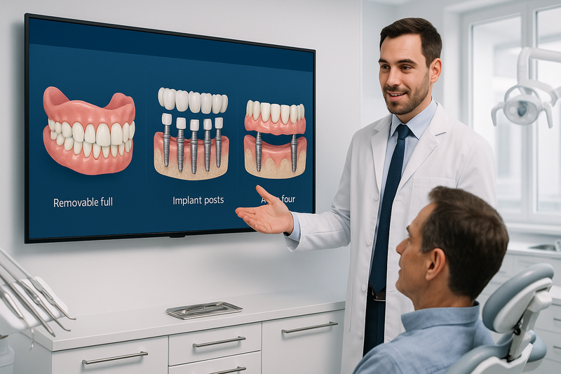 Dentist explaining all and four, traditional implants, and dentures to patient during dental consultation