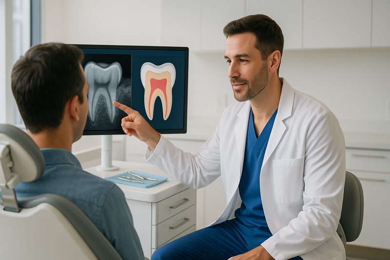 Dentist in modern Marina del Rey clinic explains digital X-ray showing early enamel wear to an adult patient, demonstrating preventive restoration permanent teeth consultation