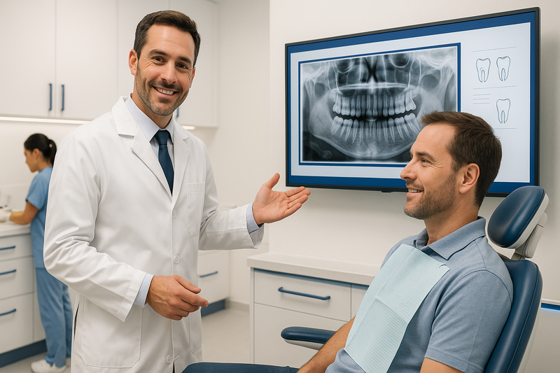 Preventive restoration dentist in Marina del Rey explaining digital X-ray results to an adult patient in a modern, calming dental clinic.