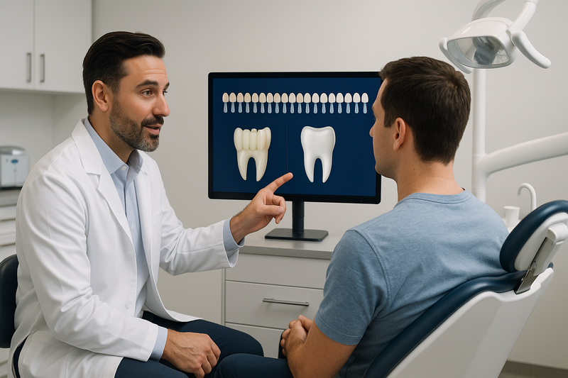 Dentist explaining how much does professional teeth whitening cost with digital tooth chart and treatment options during a consultation
