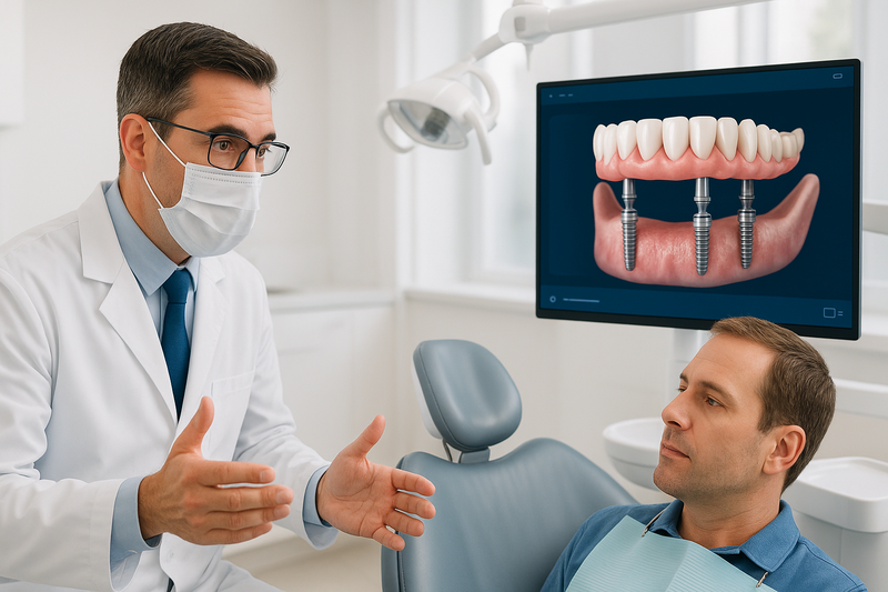 Dentist in Marina del Rey explaining all and four dental implants to an adult patient with a digital 3D jaw model displaying four strategically placed implants supporting a full arch bridge