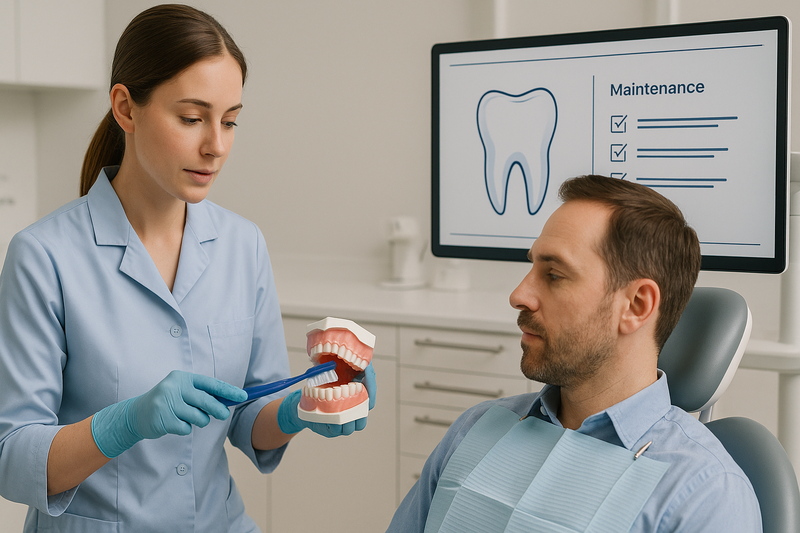 Dental hygienist demonstrating proper brushing to adult patient with digital checklist, emphasizing how long does teeth whitening last.
