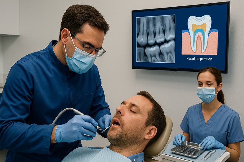 Dentist performing preventive resin restoration with assistant and digital imaging in a modern dental office