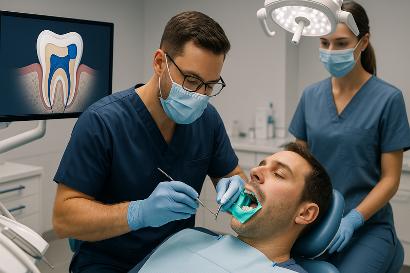 Dentist performing preventive restoration for permanent teeth using adhesive materials on an isolated molar in a modern clinic