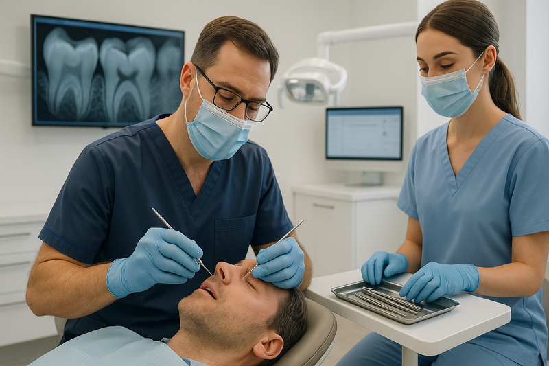 Dentist and assistant perform a minimally invasive preventive restoration procedure in a bright, calm Marina del Rey office, with dental X-ray visible on screen, showing the preventive restoration code marina del rey process.