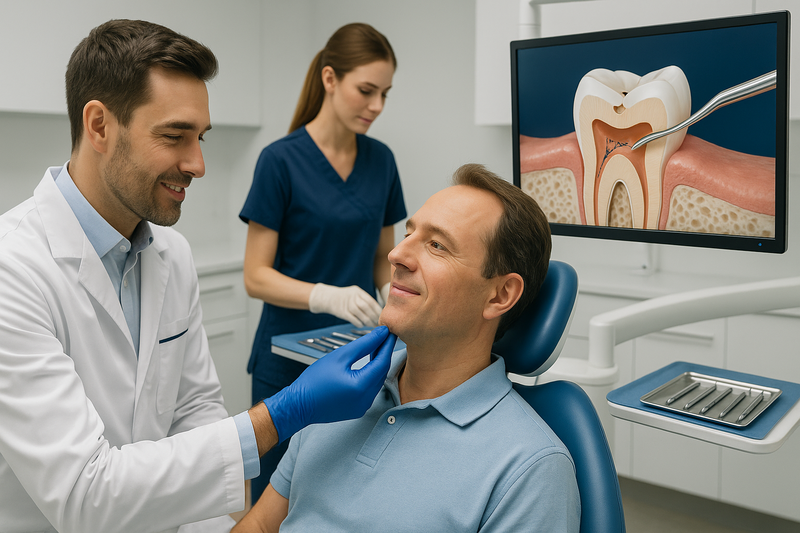 Dentist in Marina del Rey performing a gentle exam, hygienist prepping tools, and digital screen showing a preventive restoration in process
