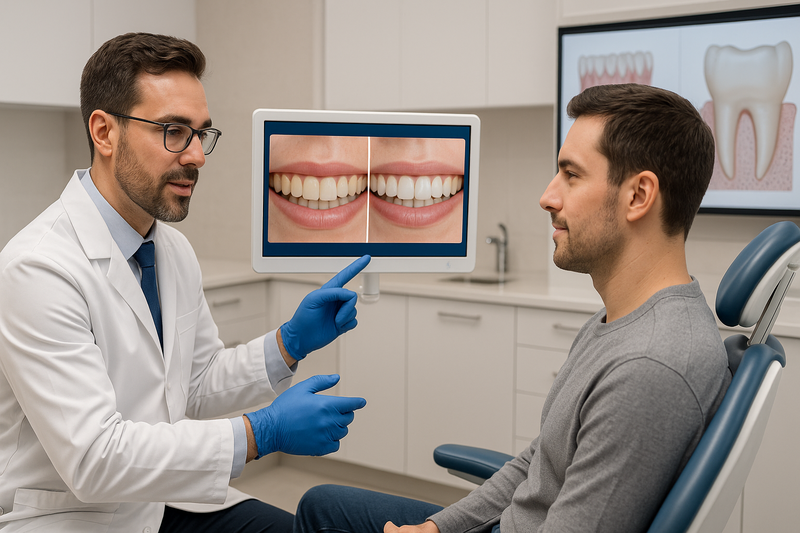 Dentist and patient reviewing shade comparison results after professional teeth whitening cost consultation in a modern dental operatory