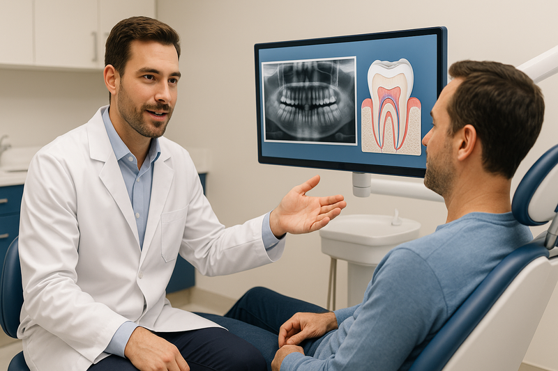 Dentist at Elegant Dentistry in Marina Del Rey explaining a dental X-ray to a patient using modern technology in a calm, welcoming clinic. Preventive restoration dentist marina del rey focuses on patient comfort and advanced care.