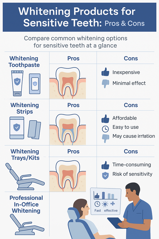 Infographic comparing whitening toothpaste, strips, trays, and in-office treatments for sensitive teeth.