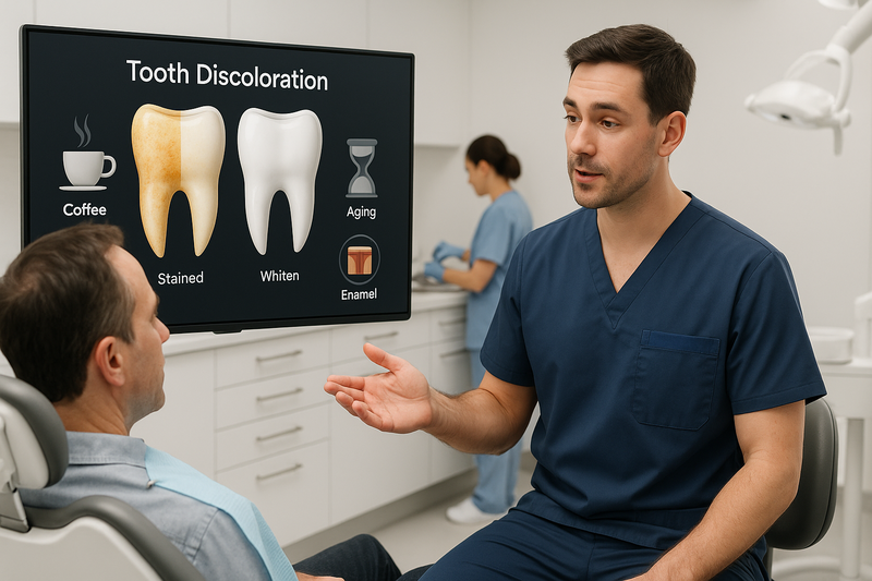 Dentist in a modern clinic explains factors like coffee, smoking, and enamel thickness that affect how long teeth whitening lasts, using a digital split-screen of stained and whitened teeth